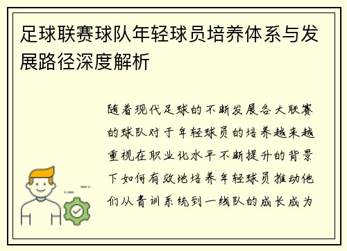 足球联赛球队年轻球员培养体系与发展路径深度解析