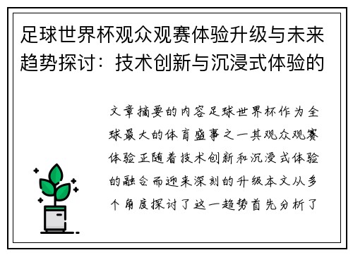 足球世界杯观众观赛体验升级与未来趋势探讨：技术创新与沉浸式体验的融合