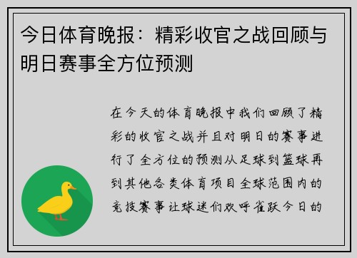今日体育晚报：精彩收官之战回顾与明日赛事全方位预测