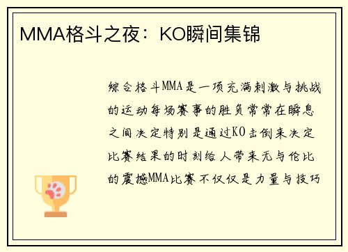 MMA格斗之夜：KO瞬间集锦