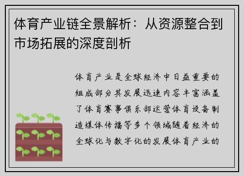 体育产业链全景解析：从资源整合到市场拓展的深度剖析